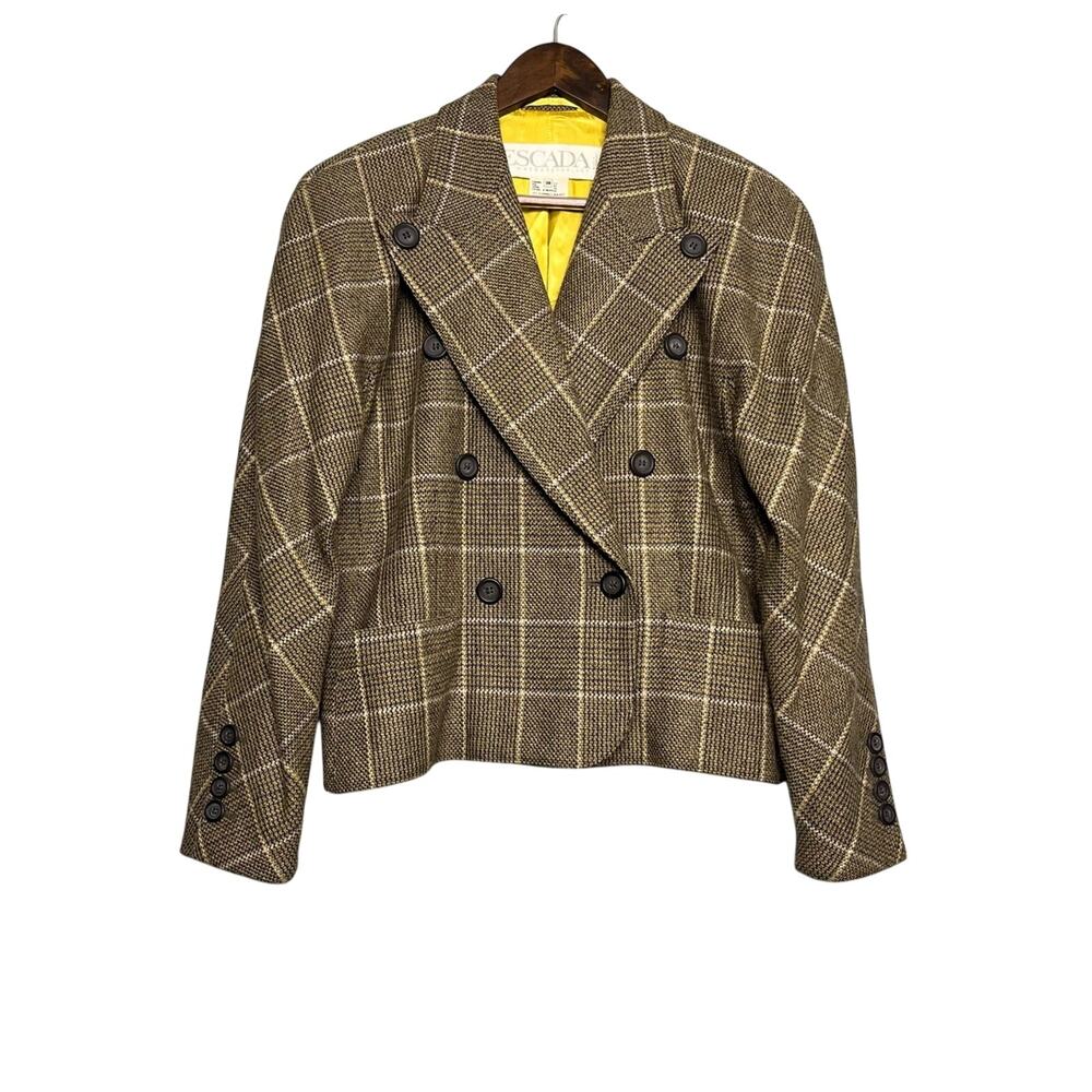Vintage ESCADA Double Breasted Cropped Blazer Wool Plaid Gray Women’s Size 38